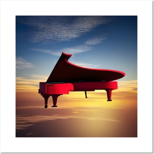 A Red Piano Floating In The Sky At Sunset Posters and Art